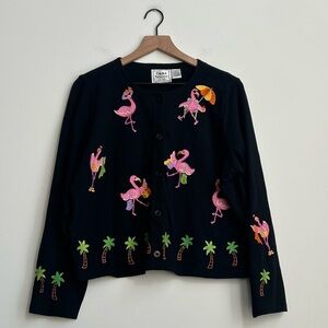 Emma Tricot Embroidered Flamingo Palm Tree Button Front Cardigan Novelty vintage